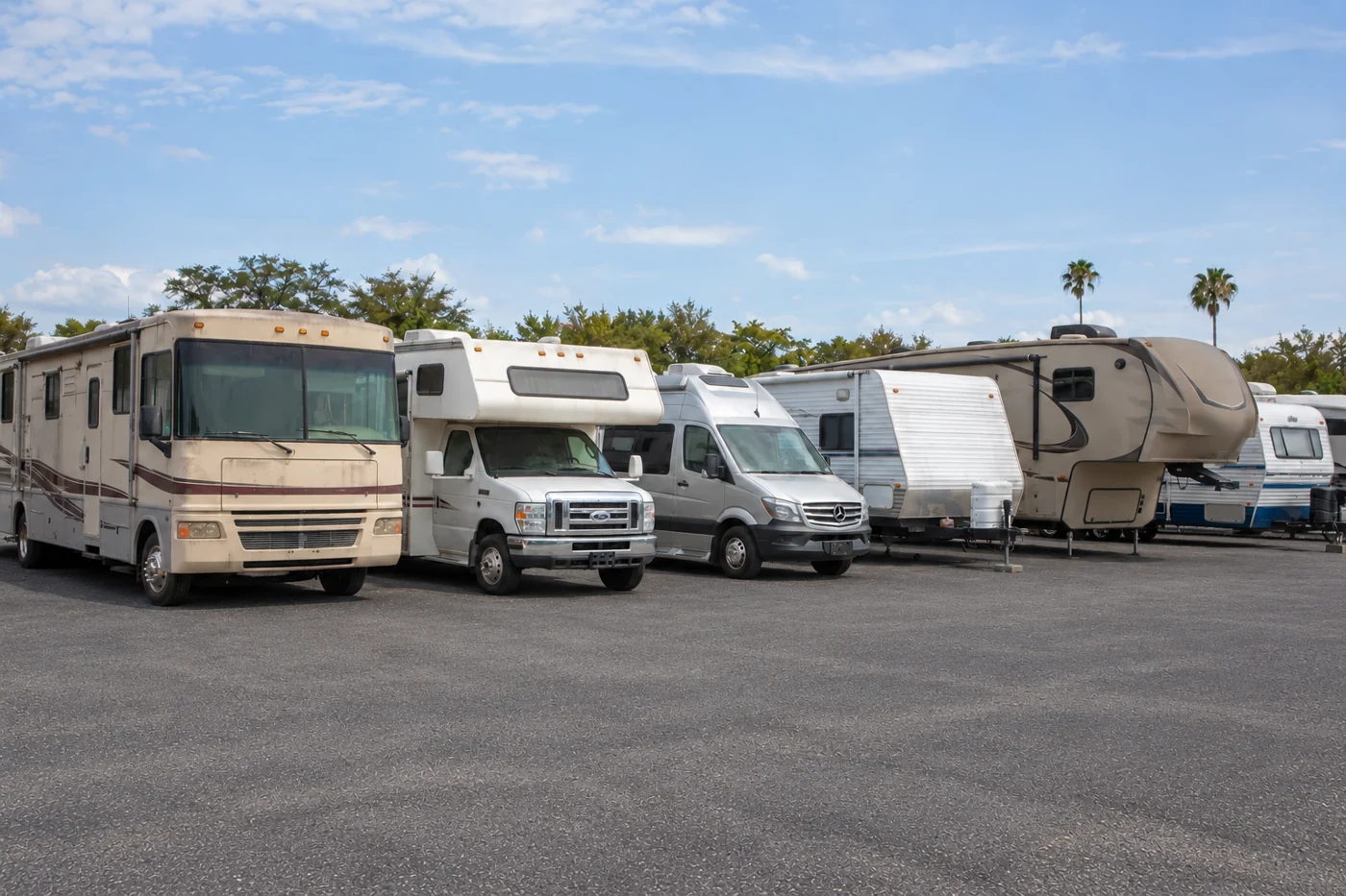 Varied used motorhomes, camper vans and travel trailers in a Florida RV lot