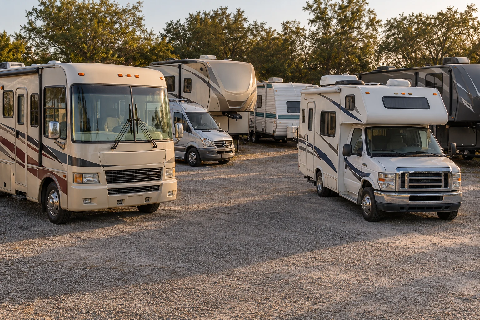 Assorted used motorhomes, campervans and travel trailers in an RV lot